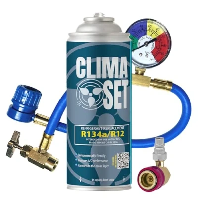 Abbildung von ClimaSet R134a kältemittel Ersatzgas Kühlmittel Klima Auto Gasflasche 1x170 g Klimaanlage Nachfüllset Wohnmobil schlauch Manometer ECO