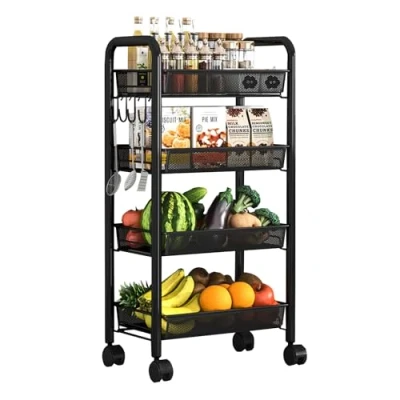 Abbildung von HYPIQQ Gemüseregal Bücherwagen Servierwagen Küchenwagen Gemüsekorb Rollregal Schmal Beistellwagen Allzweckwagen Mit Rollen Rollwagen Badezimmer,Schwarz,4 Tier