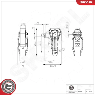 Abbildung von ESEN SKV 75SKV116 Motorlager hinten Gummimetalllager Aluminium, Gummi 192mm 78mm MERCEDES BENZ: CLA T modell, B Klasse, A Klasse