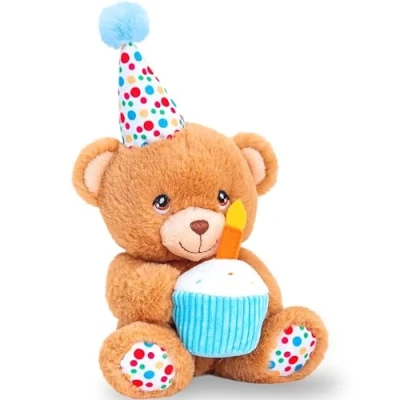 Abbildung von Deluxe Paws Teddybär für besondere Anlässe, Happy Birthday, 100% recycelt, ca. 18 cm groß, Bär hält Geburtstagskuchen und trägt einen Geburtstagshut