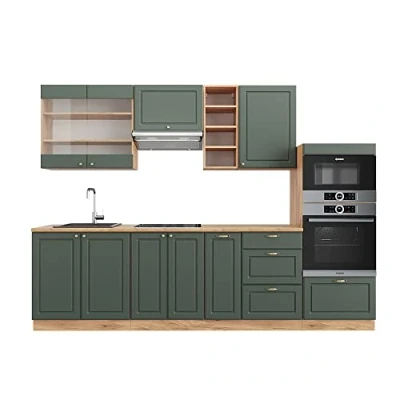 Abbildung von Vicco Küchenzeile Fame Line, Grün Gold Landhaus/Goldkraft Eiche, 280 cm ohne Arbeitsplatte