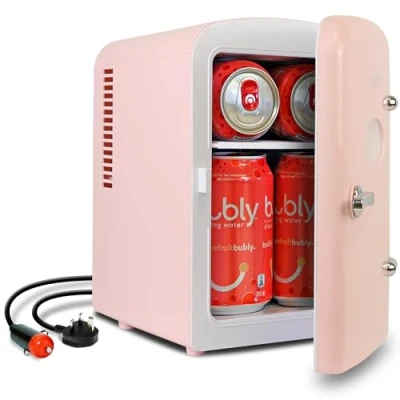 Abbildung von Koolatron Retro Mini Kühlschrank, 4 Liter Kühlschränke für Kosmetik, Getränke, 220V AC/ 12V DC Kleiner Kühlschrank Schlafzimmer (Rosa)