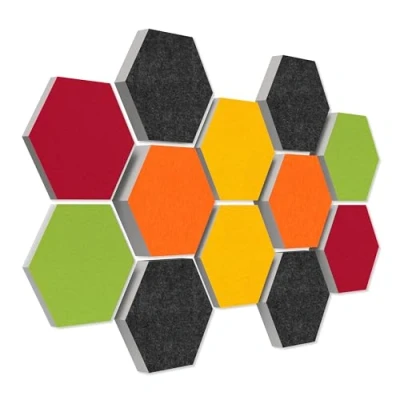 Abbildung von platino24 3D Set Schallabsorber Colore aus Basotect G+ mit Akustikfilz, 12 Waben in Multicolor je Ø30cm, Akustikverbesserung