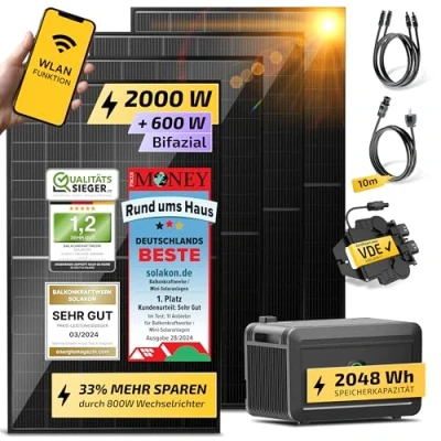 Abbildung von Solakon® Balkonkraftwerk 2000W mit Speicher 2000 Watt komplett Steckdose &amp; 800W Wechselrichter Solaranlage Komplettset 4x500W PV Module 2kWh für