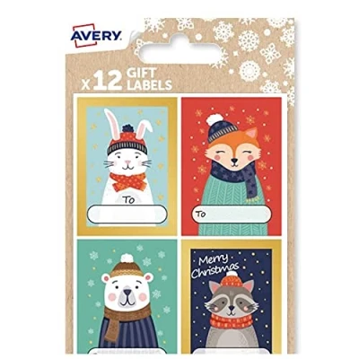 Abbildung von Avery Festliches Etiketten Set mit Wintertier Designs 12 Stück Geschenk Aufkleber, selbstklebende Premium Weihnachts Namensetiketten und Geschenkpapier Dekoration.
