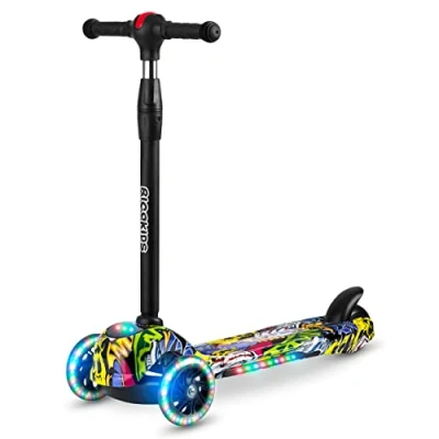 Abbildung von Ricokids LED Scooter 3 Räder Kinder Roller Höhenverstellbarer Cityroller Faltbarer Tretroller Klappbar Dreiradscooter LOCO Tragfähigkeit 25 kg für ab Jahren (Schwarz)
