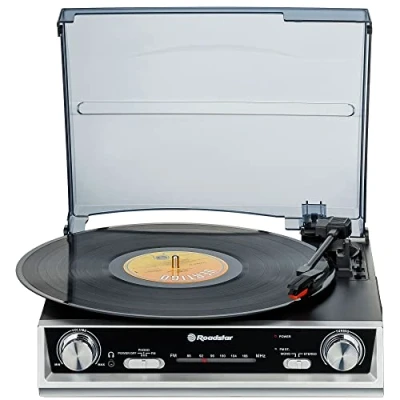 Abbildung von Roadstar TTR 8634 Vinyl Schallplattenspieler 33/45/78 U/min, Analoges FM Radio, Eingebaute Lautsprecher, RCA Ausgang, Kopfhöreranschluss, Retro Plattenspieler, Schwarz
