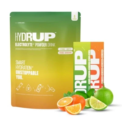 Abbildung von Hydrup Elektrolyte ohne Zucker Getränkepulver, 1733 mg hochkonzentriertes Hydratationspulver mit Zitrone Limette und Orange Mandarine Elektrolyt Pulver, 6 Sticks (Mix)