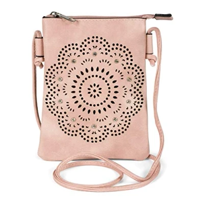 Abbildung von styleBREAKER Damen Mini Bag Umhängetasche mit Blumen Lasercut Cutout Muster und Strass, Schultertasche, Handtasche 02012367, Farbe:Altrosa