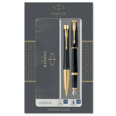 Abbildung von Parker Urban Duo Geschenkset mit Kugelschreiber und Füllfederhalter, Muted Black Goldzierteilen, Nachfüllmine patrone blauer Tinte, Geschenkbox