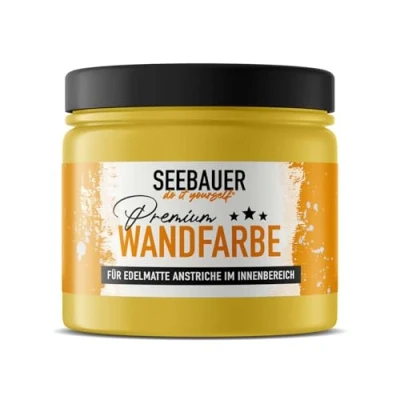 Abbildung von SEEBAUER diy Wandfarbe Gelb 300ML für Innen (No. 449 Sun Flower) Edelmatte sonnengelbe Innenfarbe Gelbtöne sehr hohe Deckkraft Matt, Abwaschbar und Tropffrei
