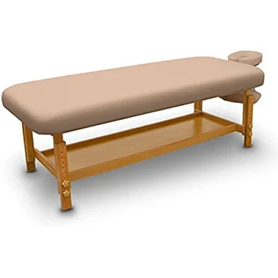 Abbildung von QUIRUMED Fester Massagetisch aus Holz, für SPA, Sandfarbe, Massagebett, Kunstleder, höhenverstellbar, Abnehmbarer Kopf, Armlehnentablett, hochdichte Polsterung