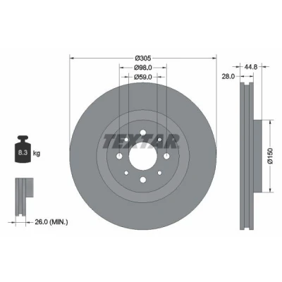 Abbildung von TEXTAR PRO 92228503 Bremsscheibe 305 28 04/08 98 innenbelüftet beschichtet ohne Radbefestigungsbolzen, Radnabe ALFA ROMEO: MiTo