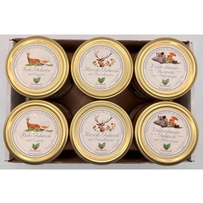 Abbildung von 6er Mix Tray Gulasch (2 Gläser Hirsch Gulasch, 2 Wildschwein Reh Gulasch)