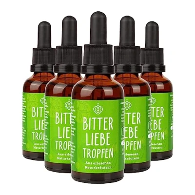 Abbildung von BitterLiebe® Original Bitterstoffe Tropfen 50ml aus Die Höhle der Löwen hochdosierte Bittertropfen nach Hildegard von Bingen Made in Germany 5er Set