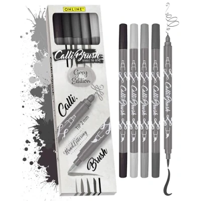 Abbildung von ONLINE Brush Pen Set Calli.Brush Grey I 5 Double Tip Pinselstifte mit Kalligrafie Spitze &amp; Pinselspitze in Grautönen Handlettering Stifte als Kalligraphie für Bullet Journals, Aquarell Co