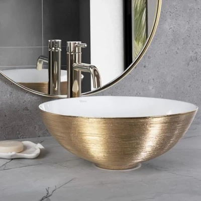 Abbildung von wohnwerk.idee Aufsatzwaschbecken Waschbecken Brushed Gold Gebürstet ∅ 35,5 Stella rund
