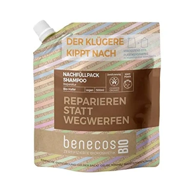 Abbildung von benecosBIO Nachfüllbeutel Shampoo Normales Haar BIO Hafer REPARIEREN STATT WEGWERFEN vegan recyceltes Plastik
