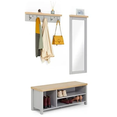 Abbildung von Mondeer Garderoben Set Flurmöbel Set, (3 St),Schuhbank Wandspiegel und Wandgarderobe, Grau+Natur