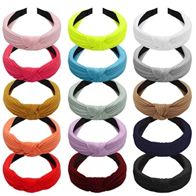 Abbildung von Belle Vous Haarreifen Breit mit Knoten (15 Stk) Haarband Stirnband Einfarbig im Turban Stil Elastisch Haarreif Kopfband Haaraccessoires Haarschmuck für Damen &amp; Mädchen 15 Farben
