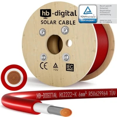 Abbildung von HB DIGITAL 300m Solarkabel H1Z2Z2 K TÜV Rheinland zertifiziertes 6mm² flexibel UV witterungsbeständig PV Kabel reines Kupfer 1500V DC für Solarpanel Wechselrichter Photovoltaik Rot