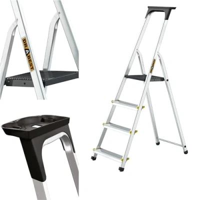 Abbildung von DRABEST Leiter PRO Serie Klapptrittleiter 4 Stufen Trittleiter Stehleiter Alu Haushaltsleiter Rutschsichere Stufenleiter Belastbar bis 150 kg