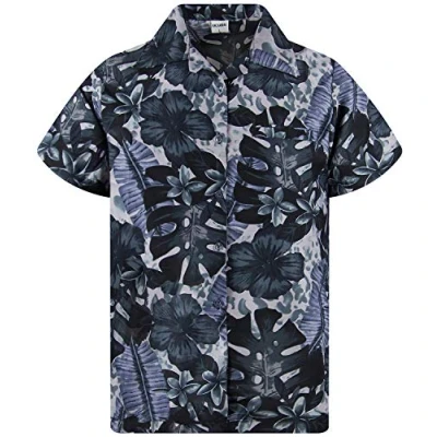 Abbildung von King Kameha Funky Hawaiihemd, Kurzarm, Grüne Blätter Lila Blüten, Monoschwarz, XL