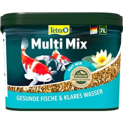 Abbildung von Tetra Pond Multi Mix Fischfutter für gemischten Besatz im Teich, enthält vier verschiedenen Futtersorten (Flockenfutter, Futtersticks, Gammarus, Wafer), 7 Liter Eimer