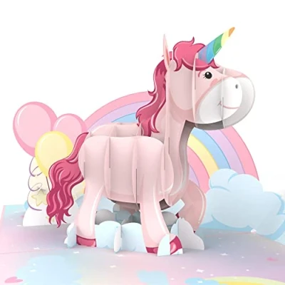 Abbildung von MOKIO® Pop Up Karte Rosa Einhorn mit Regenbogen süße 3D Grußkarte zum Geburtstag, Glückwunschkarte Kindergeburtstag