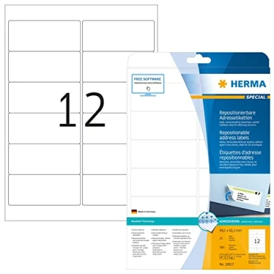 Abbildung von HERMA 10017 Universal Etiketten ablösbar, 25 Blatt, 99,1 x 42,3 mm, 12 pro A4 Bogen, 300 Stück, selbstklebend, bedruckbar, matt, blanko Papier Klebeetiketten Aufkleber, weiß