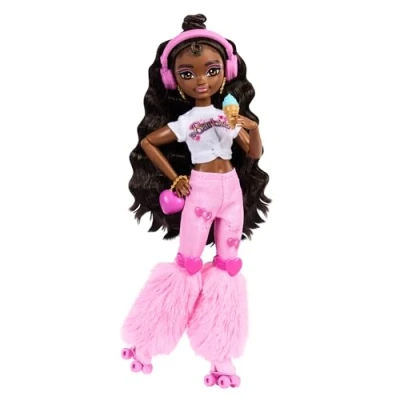 Abbildung von Barbie Dream Besties Puppe und Accessoires, bewegliche Brooklyn“ Rollschuh Modepuppe mit braunem Haar, 9 Zubehörteile zum Thema Musik Video, JFX97