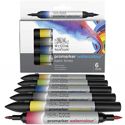 Abbildung von Winsor &amp; Newton 0290164 ProMarker Aquarellmarker 2 Spitzen, Pinsel und feiner Spitze, lichtecht, hochpigmentierte Aquarellfarben für Kalligrafie, Zeichnungen, 6 Farben Set Grundfarben