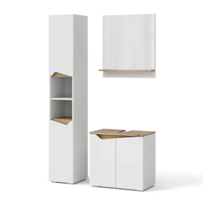 Abbildung von Vicco Badmöbel Set Marelle, Weiß/Artisan Eiche, 3 Teile, mit Hochschrank, (3 St., er Set)