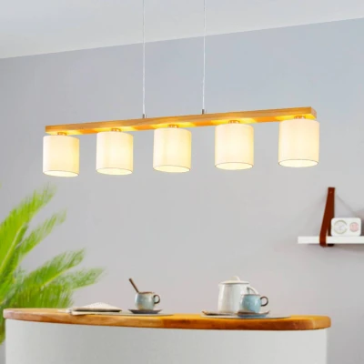 Abbildung von EGLO Pendelleuchte Castralvo, 5 flammige Hängelampe, Hängeleuchte aus Stahl in Nickel Matt, Holz Braun und Textil Weiß, Esstischlampe FSC zertifiziert, E27 Fassung