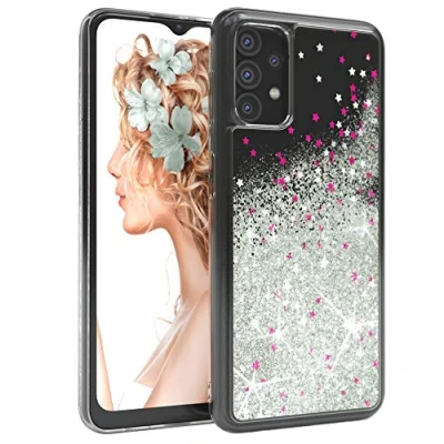 Abbildung von EAZY CASE Hülle kompatibel mit Samsung Galaxy A32 5G Schutzhülle Flüssig Glitzer, Handyhülle, Schutzhülle, Back Cover Glitter Flüssigkeit, TPU/Silikon, Transparent/Durchsichtig, Silber
