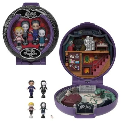 Abbildung von Polly Pocket Sammler Spielset, Die Addams Family Schatulle mit 4 Sondereditions Figuren und 10 Zubehörteilen, HXW25