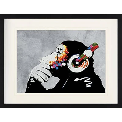 Abbildung von 1art1 Streetart Poster Banksy AFFE Mit Kopfhörern, Musik Gerahmtes Bild Edlem Passepartout Wand Bilder Im Bilderrahmen 80x60 cm