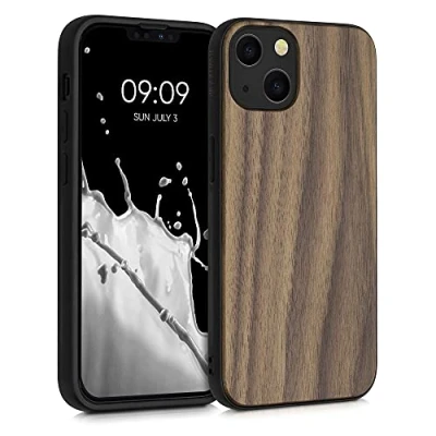 Abbildung von kwmobile Hülle kompatibel mit Apple iPhone 13 Holz Case stoßfestes Handy Cover TPU Handyhülle in Dunkelbraun