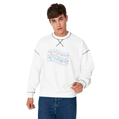 Abbildung von Trendyol Herren Rundhals mit Spruch Oversize Sweatshirt, Natur, XL