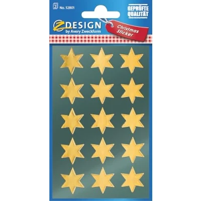 Abbildung von AVERY Zweckform 30 Aufkleber Weihnachten Sterne gold (Made in Germany, Weihnachtssticker Glanzpapier, selbstklebende Weihnachtdeko für Karten, Geschenke, Tüten) 2 Bogen/je 15 Sternsticker, 52801