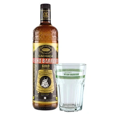 Abbildung von Cachaça VELHO BARREIRO GOLD 1 L Geschenk Set/brasilianischer Qualitäts Zuckerrohrrum plus Caipirinha Glas mit Aufschrift