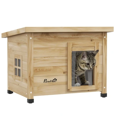 Abbildung von PawHut Tierhöhle Katzenhaus aus Holz, Katzenhütte Outdoor, Katzenhöhle mit Türvorhang, für Garten, Balkon, Gelb, 57 x 45 43 cm