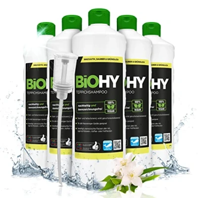 Abbildung von BiOHY Teppichshampoo (6 x 1 Liter) + Dosierer Teppichreiniger Konzentrat ideal gegen hartnäckige Flecken materialschonend &amp; tierfreundlich effektives Bio Mittel kraftvoller Teppich Schaum