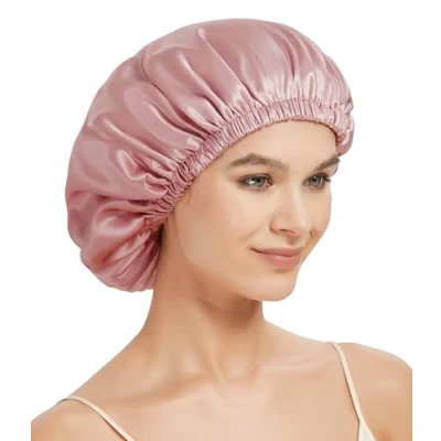 Abbildung von 22 Momme Seidenhaube zum Schlafen, Schlafmütze aus 100% Maulbeerseide, Silk Bonnet Schlafhaube für Lockiges Haar, Doppelte Haarhaube (DE/NL/SE/PL, Alphanumerisch, Einheitsgröße, Rosa)