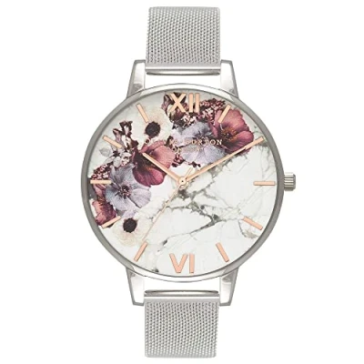 Abbildung von Olivia Burton Analog Quarzuhr für Damen mit Silbernes Edelstahl Mesh Gliederarmband OB16MF09