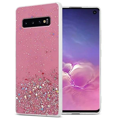 Abbildung von Cadorabo Hülle kompatibel mit Samsung Galaxy S10 4G Rundumschutz TPU Silikon Case Mädchen Glitzer Strass Design Slim Kratzfest Weiche Gummi Bling Schutzhülle für in Rosa