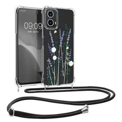 Abbildung von kwmobile Necklace Case kompatibel mit Motorola Moto G34 5G Hülle Silikon Cover Handykette Lavendel Grün Transparent Blumenhalme