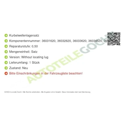 Abbildung von KOLBENSCHMIDT 37006620 Kurbelwellenlagersatz FORD: Transit Custom V362 Kastenwagen, V363 Bus, Mk6 Kastenwagen