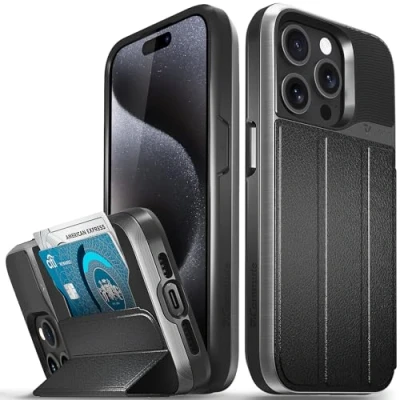 Abbildung von VENA vCommute Brieftaschen Schutzhülle, kompatibel mit Apple iPhone 15 Pro (6,1 Zoll), Fallschutz in Militärqualität, Lederhülle, Kartenschlitz, Halter Ständer, Space Gray/Schwarz