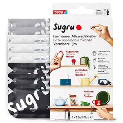 Abbildung von tesa Klebeband SUGRU formbarer Alleskleber zum Reparieren, Basteln &amp; für DIY Ideen (Spar Set, 8 St., je 3,5 g) Allzweckkleber schwarz / weiß grau